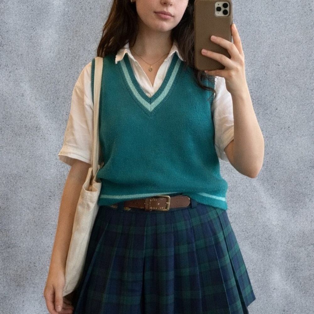 Vintage 80s 90s Grand Slam Green Knit V Neck Sweater Vest Large Preppy Golf